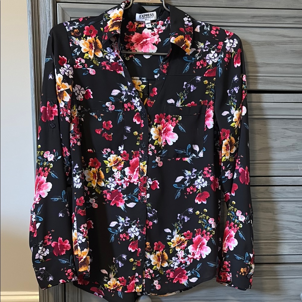 Express Black Long Sleeve Button Down Shirt with Notched Collar